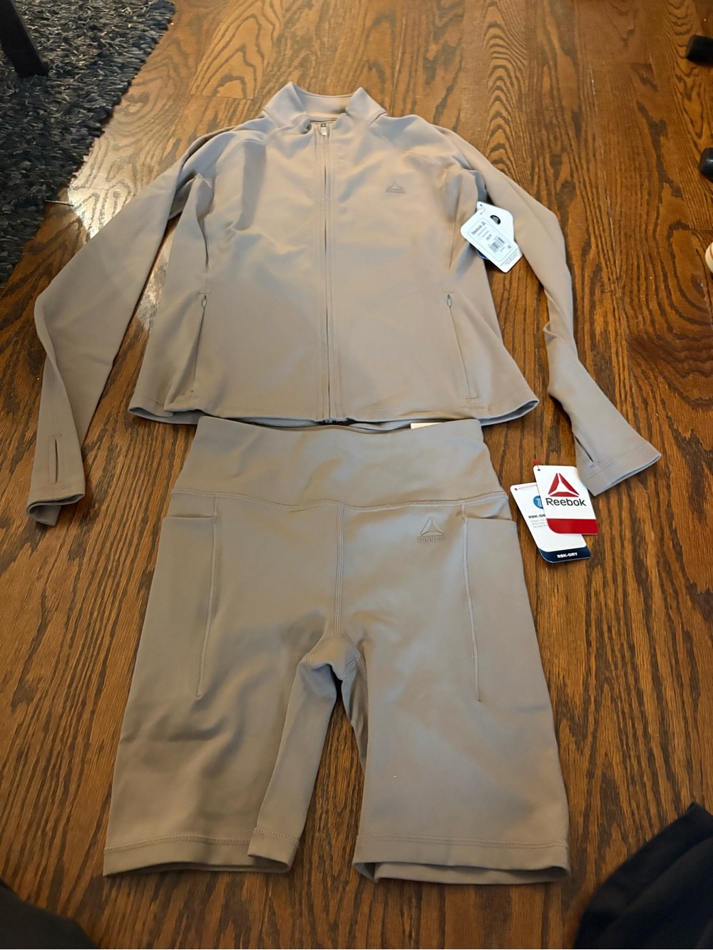 Reebok Women’s Two-Piece Zip Jacket & Biker Shorts Set — Taupe